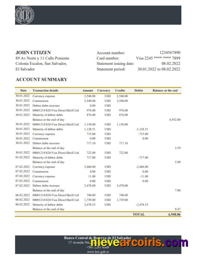Salvador Banco Central de Reserva de El Salvador bank statement